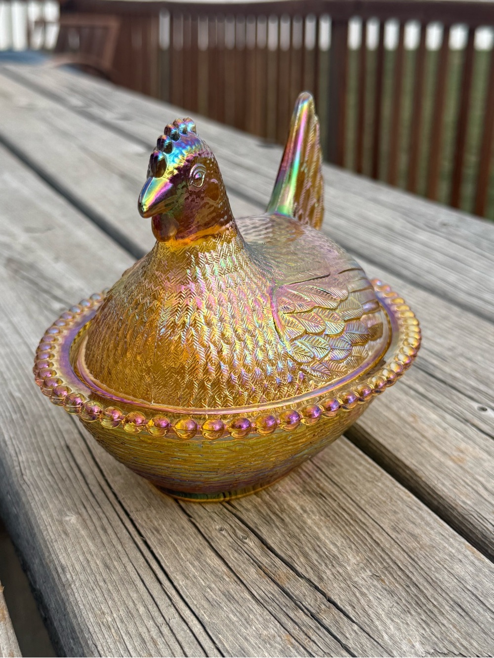 Indiana Glass Iridescent Gold Hen on Nest Dish